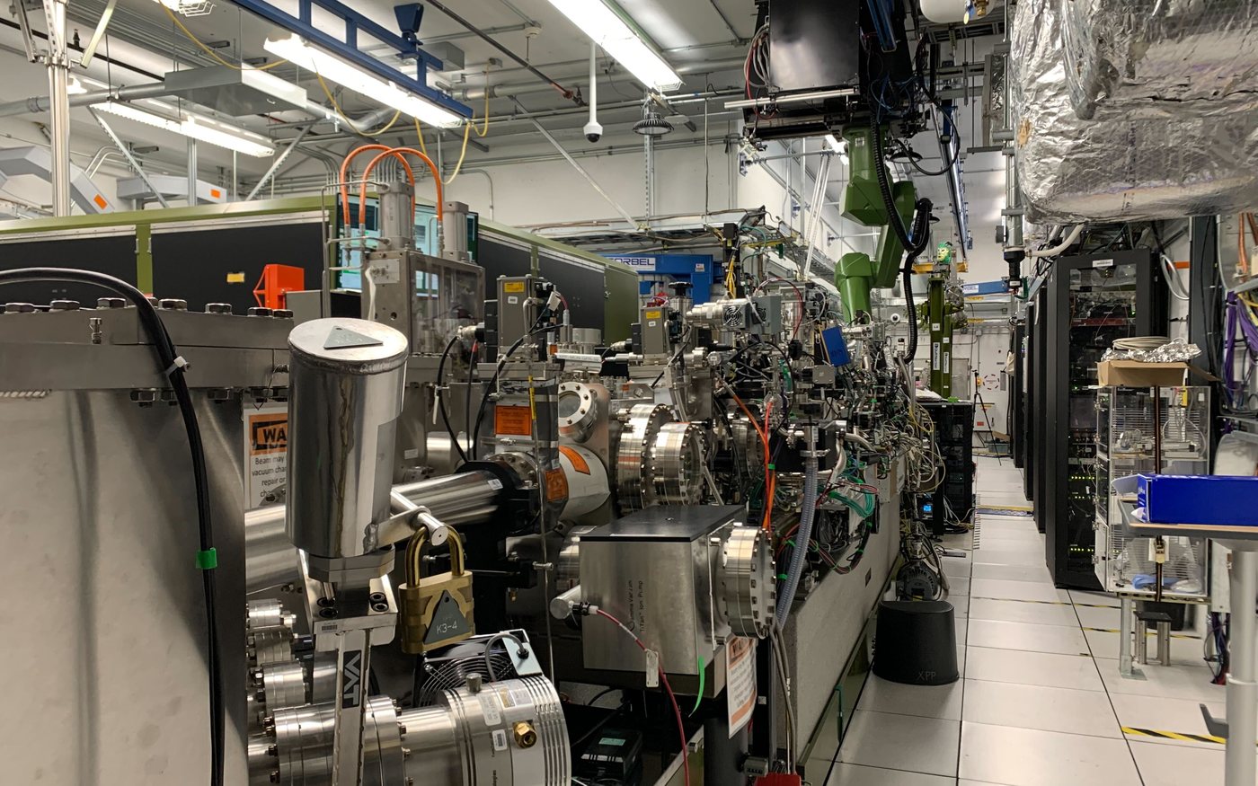 View along the XPP instrument at LCLS, showing vacuum vessels and control racks